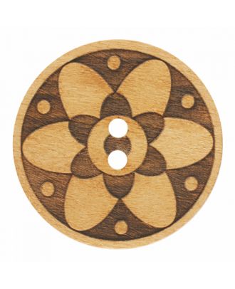wood button round shape with floral design and 2 holes - Size: 23mm - Color: brown - Art.-Nr.: 311095