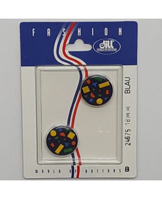 2 buttons on recyclable card novelty button, geometric  shapes, 2 holes - Size: 18mm - Color: navy blue - Art.No.: 24675