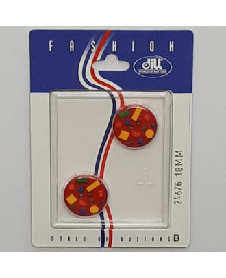 2 buttons on recyclable card novelty button, geometric  shapes, 2 holes - Size: 18mm - Color: red - Art.No.: 24676