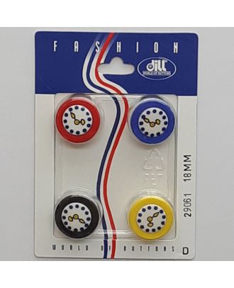4 buttons on recyclable card novelty button, clock - Size: 18mm - Color: multicolored - Art.No.: 29061