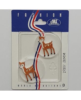 2 buttons on recyclable card novelty button, deer - Size: 28mm - Color: brown - Art.No.: 29307