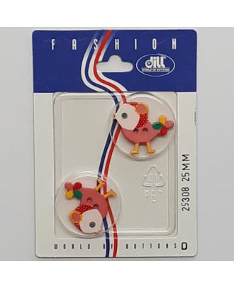 2 buttons on recyclable card novelty button, bird - Size: 25mm - Color: pink - Art.No.: 29308