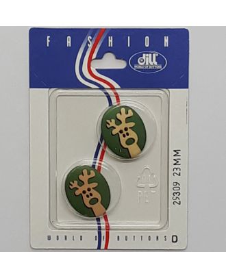 2 buttons on recyclable card novelty button, elk - Size: 23mm - Color: green - Art.No.: 29309