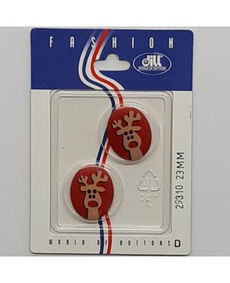 2 buttons on recyclable card novelty button, elk - Size: 23mm - Color: red - Art.No.: 29310
